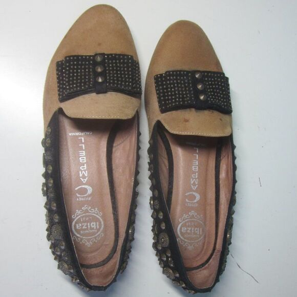 Jeffery Campbell Womens Size 7.5 Slip On Flats Studded Bow Loafer Tan / Black - Picture 2 of 13